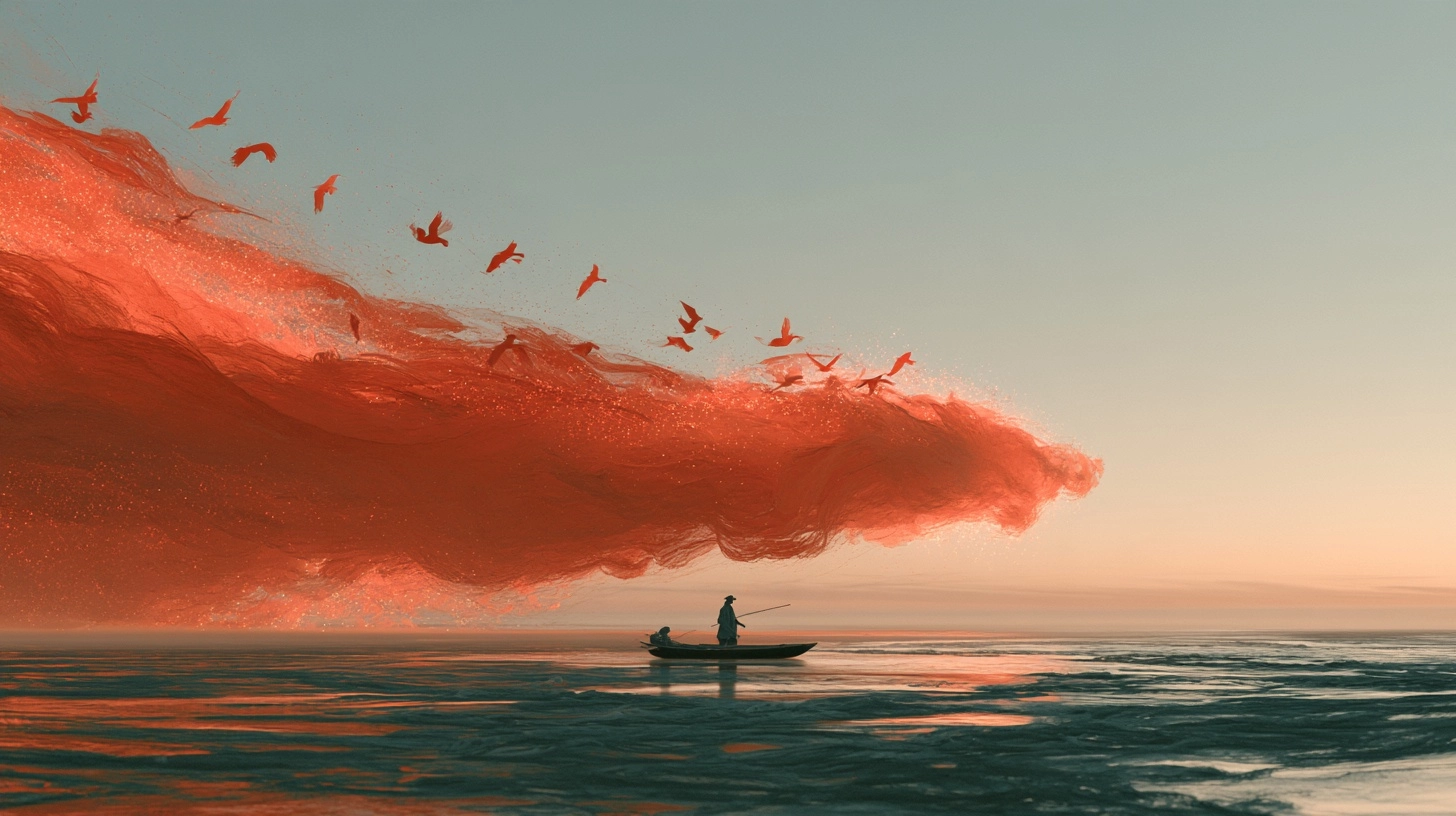 A small boat at sea beneath a red cloud of paper birds dissolving into particles