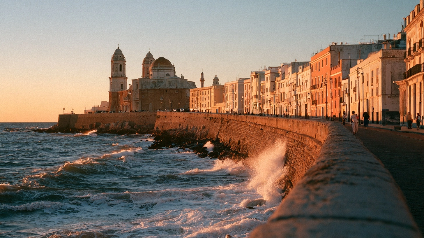 The Campo del Sur seafront of Cádiz at golden hour, waves against the sea wall