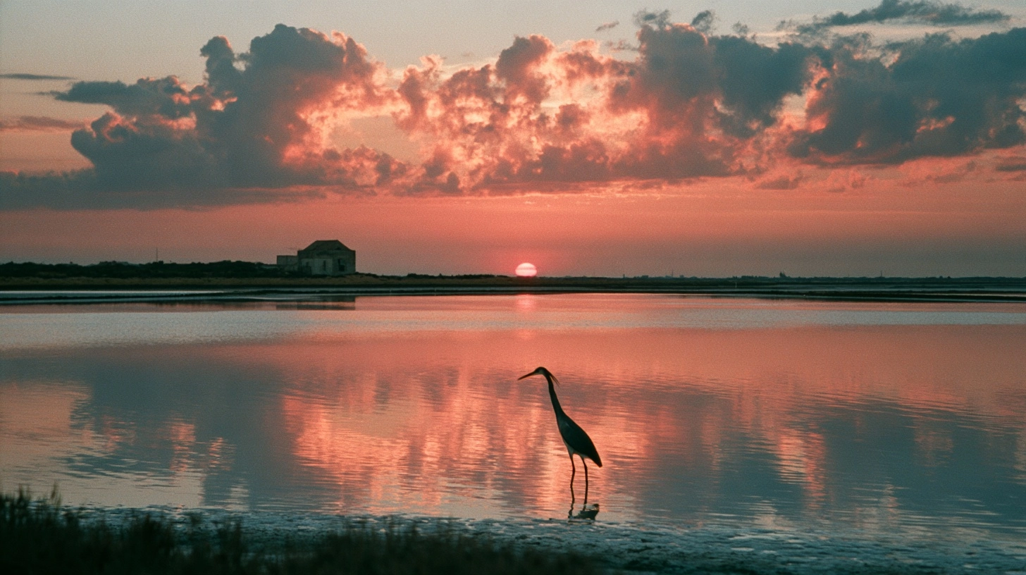 The salt marshes of San Fernando at sunset with a lone heron