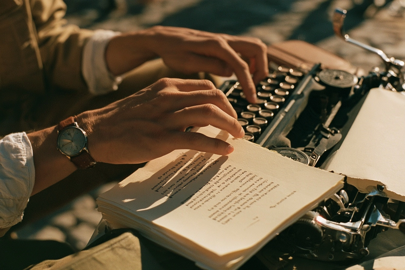 Hands typing a short poem on a vintage typewriter on a cobbled street